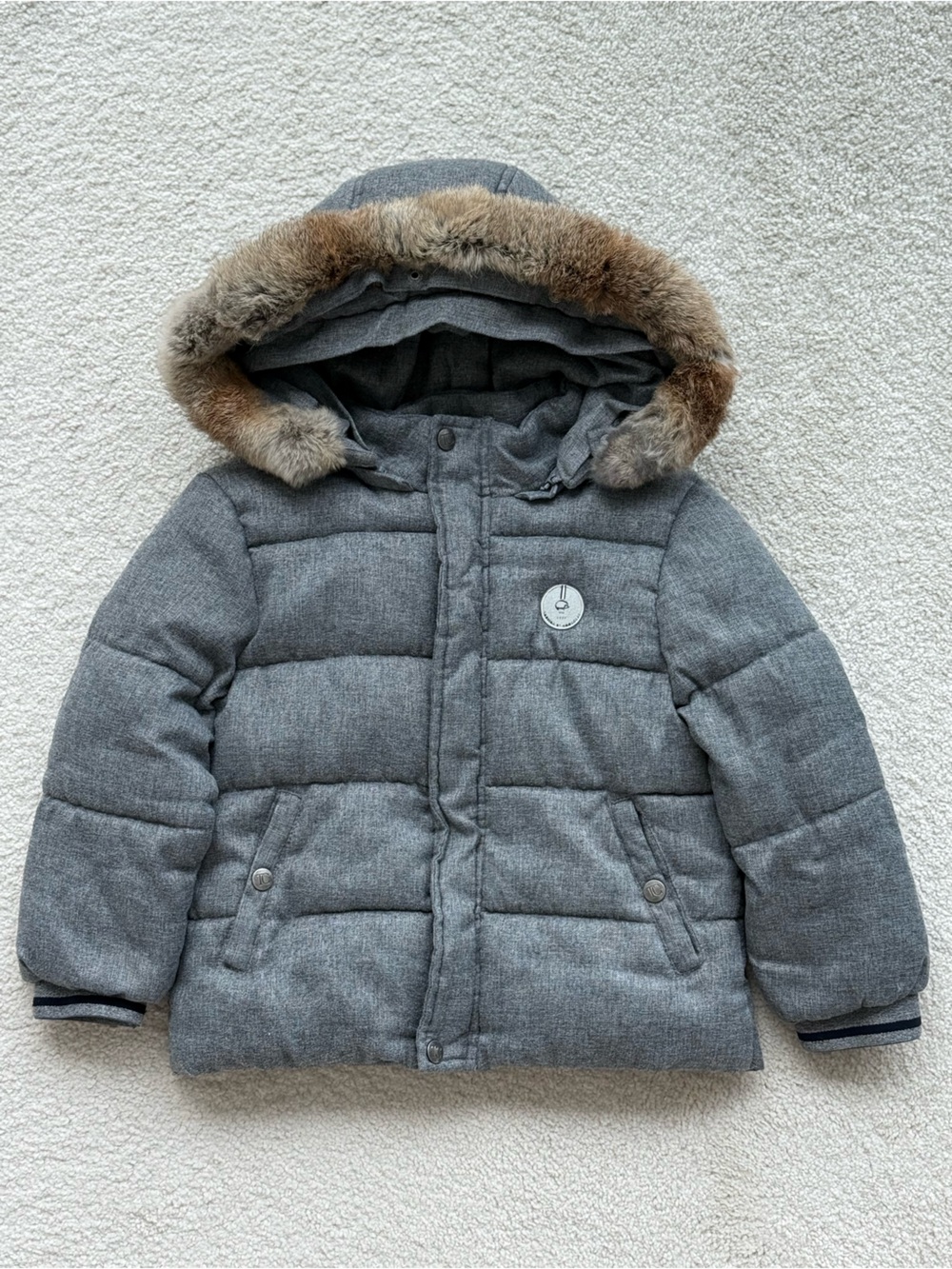 Tartine et Chocolat Kids Grey Hooded Puffer Jacket with Genuine Fur Trim